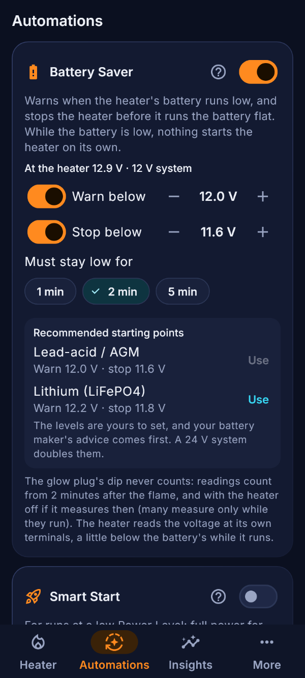 I livelli di Salva batteria e i suoi punti di partenza consigliati.