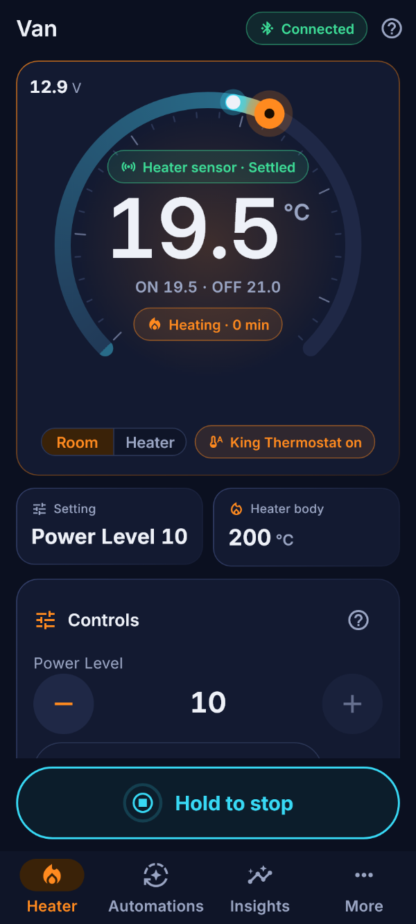 La scheda Riscaldatore: il King Dial a 19,5 °C, King Thermostat attivo, in riscaldamento.
