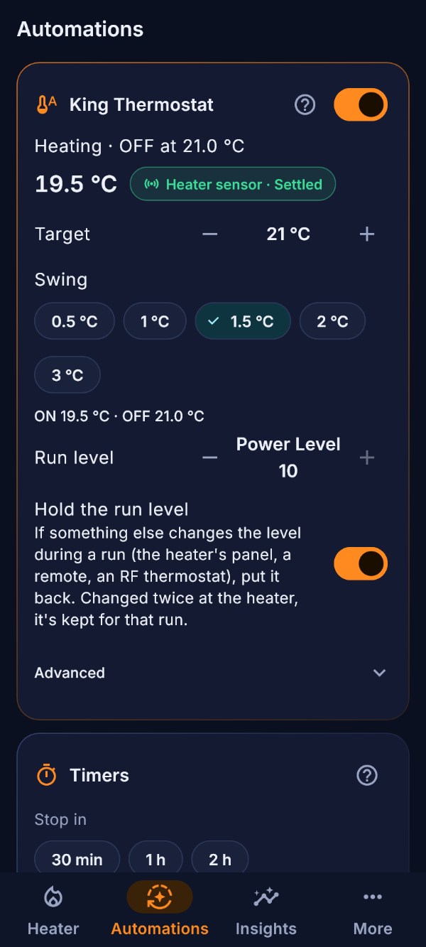 Il riquadro di King Thermostat: un obiettivo, un margine e il livello di funzionamento.